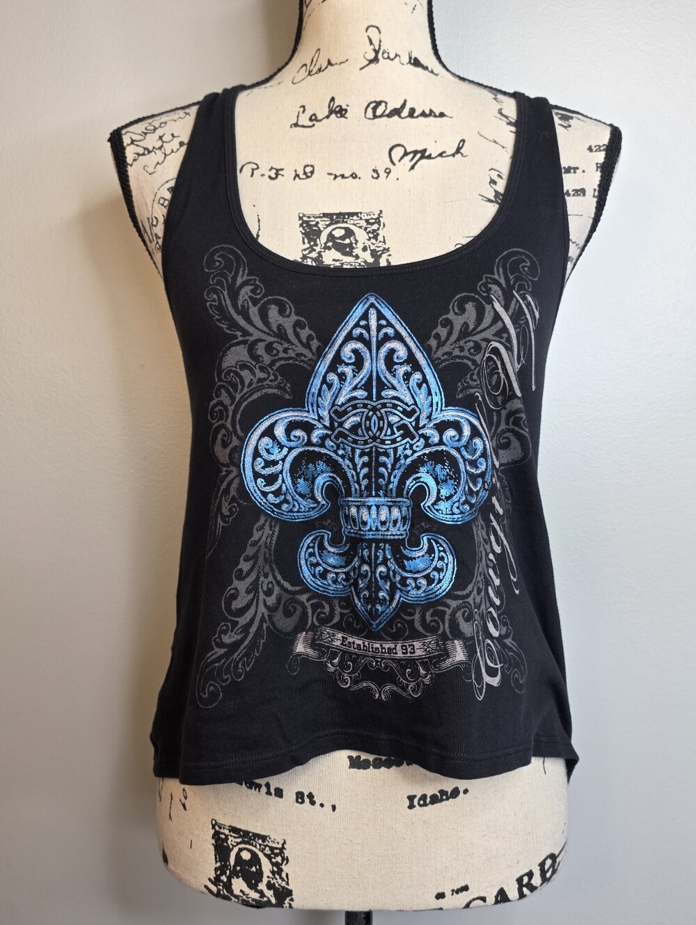 Y2k Cowgirl Up Women’s Black Tank Top with Blue Fleur-de-Lis Graphic Sz M